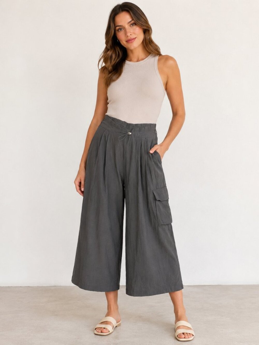 By Anthropologie Wide Leg Cargo Pants Medium Charcoal Bungee Waist Cropped